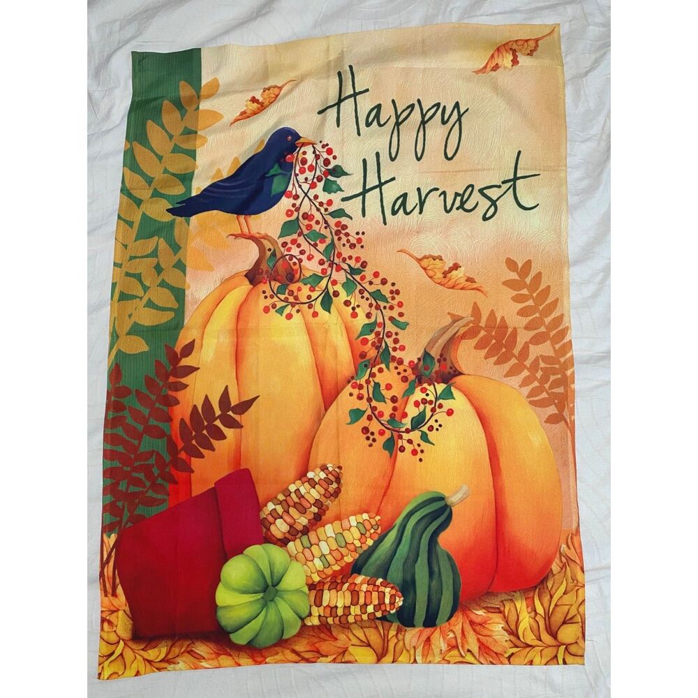 Garden Flag Happy Harvest Fall Autumn Thanksgiving Holiday Crow Pumpkin 28x40